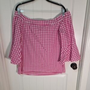 NWT Women's Versona Pink Checkered Off-Shoulder Blouse
